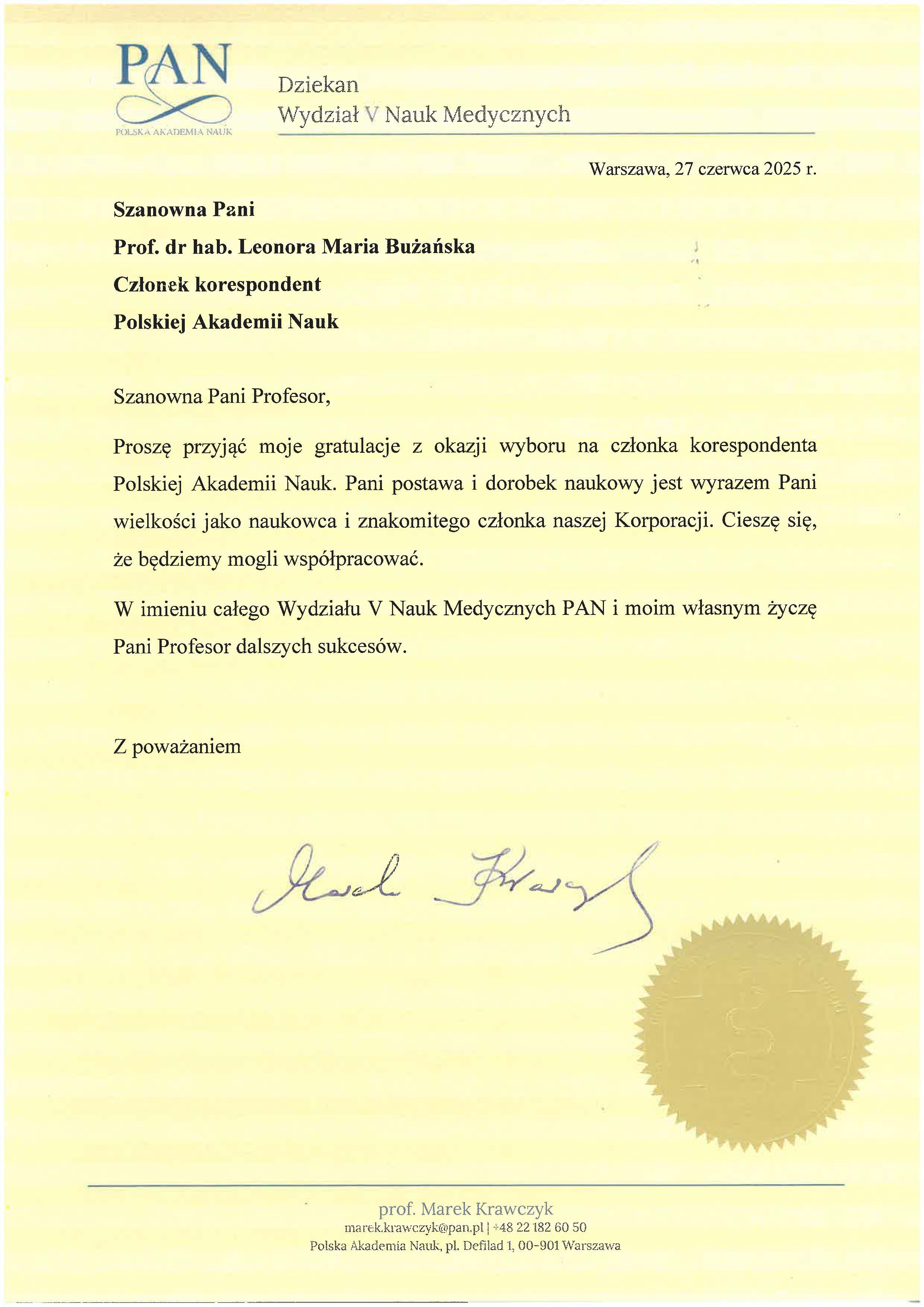 Prof LB List Prof Krawczyk gratulacje